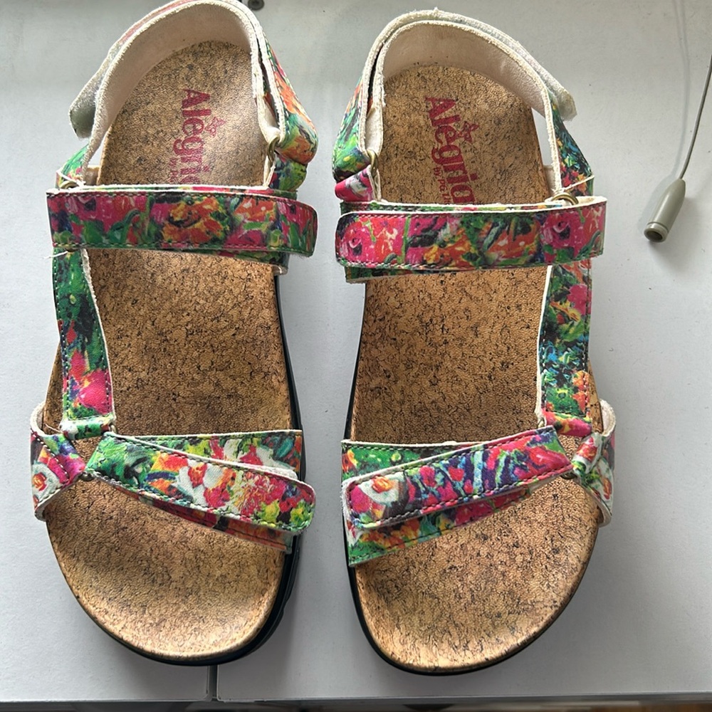 Alegria Floral Multicolor Cork Footbed Sandals - Pink Green Blue